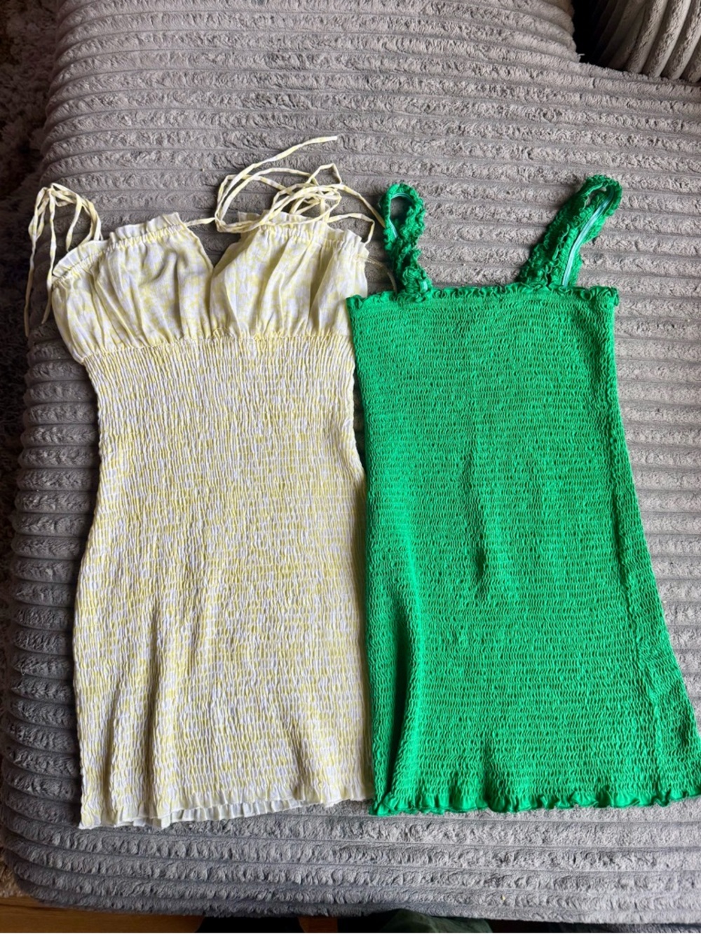 Lot of 2 Smocked Mini Dresses Green Solid Yellow Floral Bodycon Sun Dress Bundle